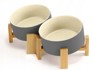 Miska 332686 szara podwójna ceramiczna na stojaku dla psa kota